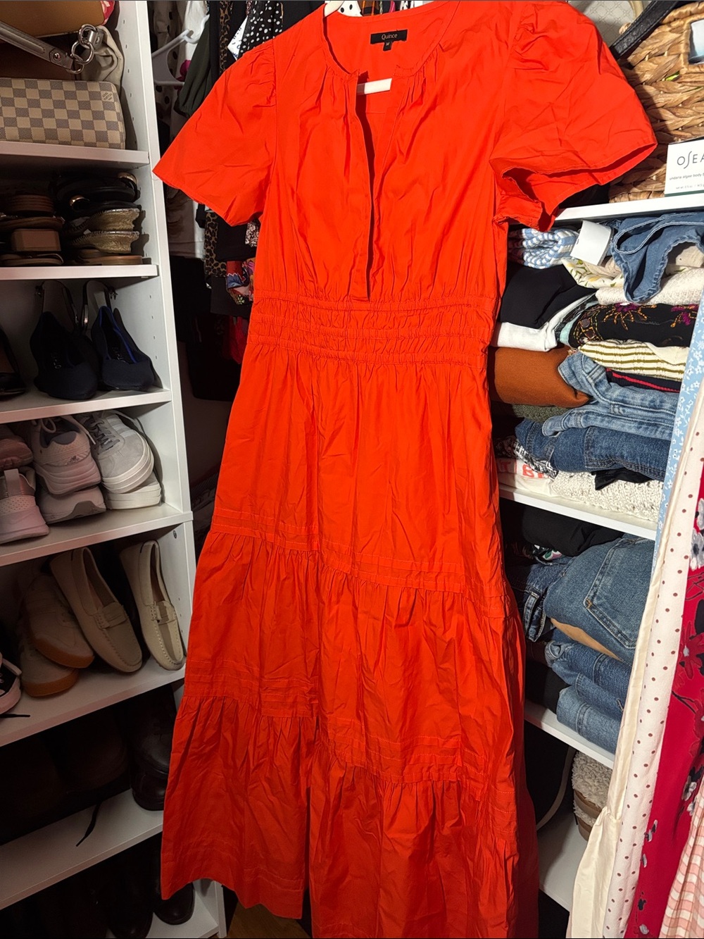 Quince Bright Red vermillon Tiered Puff-Sleeve Maxi Dress - Picture 1 of 13